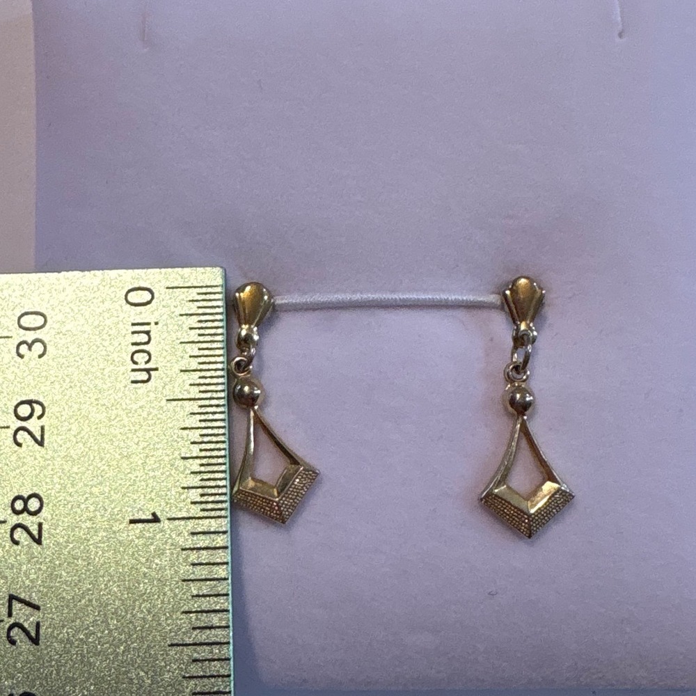 1960s Gold Tone Geometric Open Diamond Drop Dangle Earrings Textured Finish - Picture 4 of 12